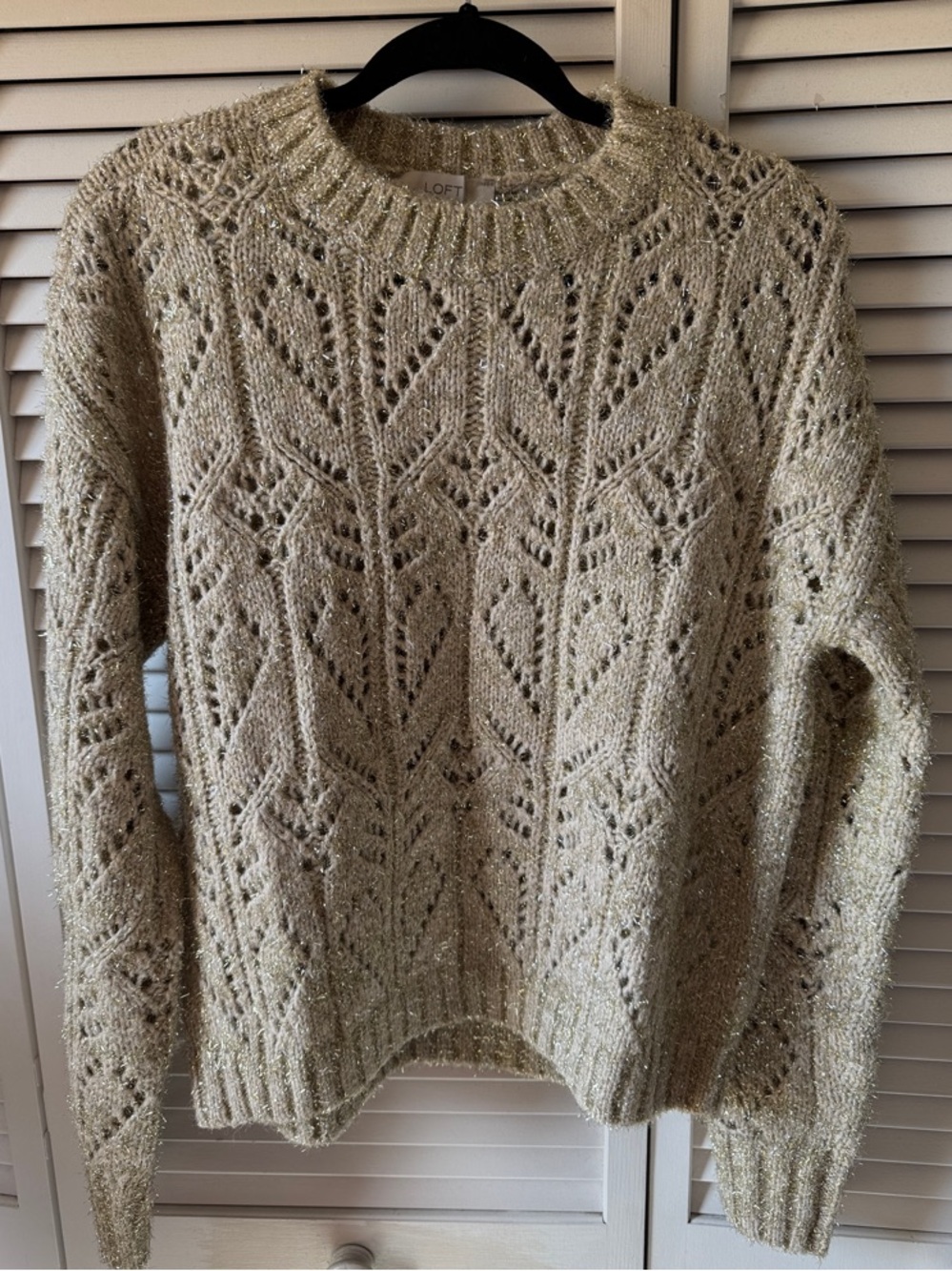 LOFT Cream Metallic Openwork Crewneck Sweater